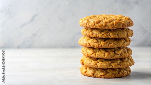 Close-up triple stack of golden baked oatmeal cookies on pristine white backdrop photo