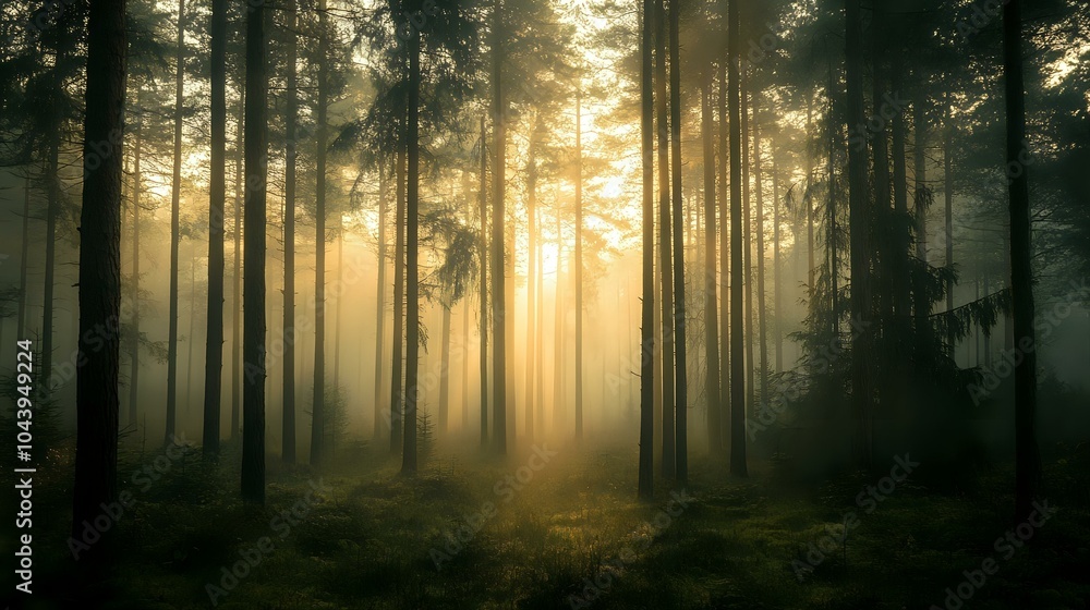 Fototapeta premium Foggy forest at dawn with soft light breaking through the mist, tall trees shrouded in fog, and a quiet, ethereal atmosphere