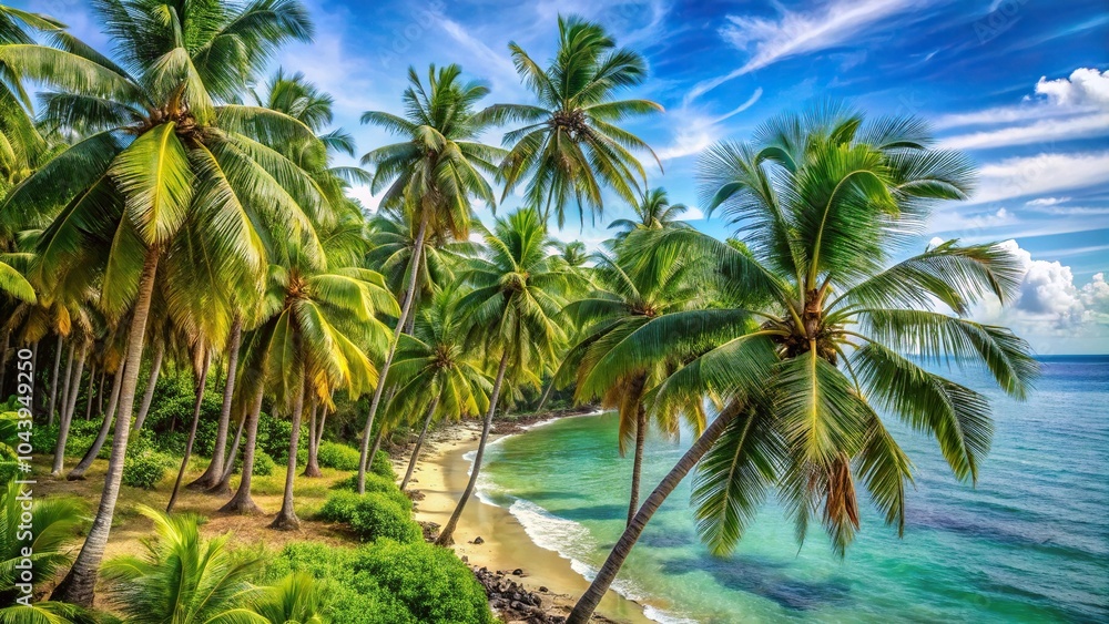 Fototapeta premium Close-Up Tropical coastline adorned with slender coconut palms
