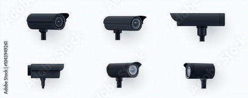 A collection of six black security cameras displayed in various orientations, emphasizing a sleek and modern design for surveillance. photo