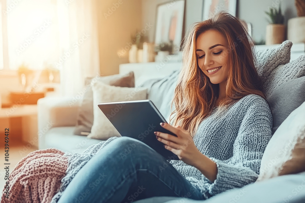Happy woman using digital tablet sitting on couch at home. Smiling woman holding tab computer relaxing on sofa in living room. Happy woman using digital tablet sitting on couch at home. Smiling woman holding tab computer relaxing on sofa in living room.