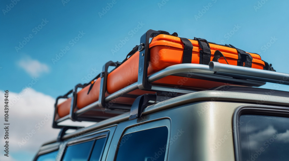 Fototapeta premium Adventure Awaits: A rugged SUV is equipped with a roof rack and cargo boxes, ready for an exciting journey with the sky as the limit.