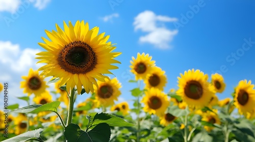 Golden sunflower field stretching to the horizon under a vibrant blue sky, the sunflowersa?? faces turned toward the sun