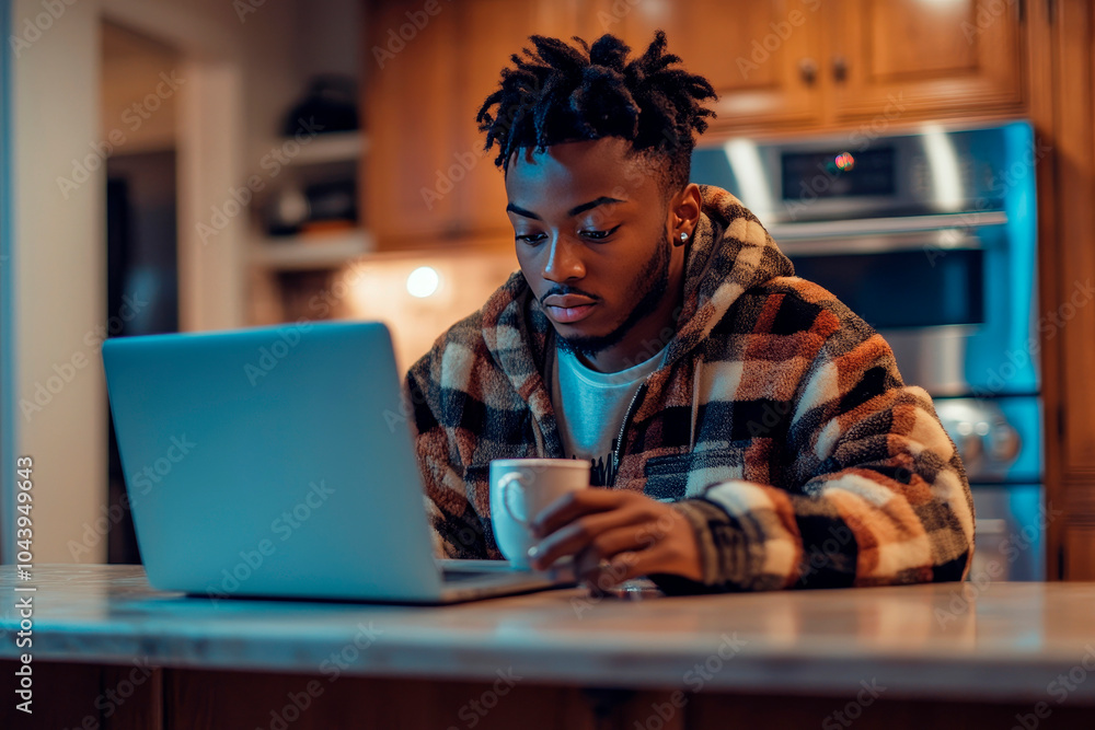 Focused Young Man in a Kitchen, Working on a Laptop with a Cup of Coffee, Wearing a Warm Plaid Jacket, in a Relaxed Evening Setting Focused Young Man in a Kitchen, Working on a Laptop with a Cup of Coffee, Wearing a Warm Plaid Jacket, in a Relaxed Evening Setting