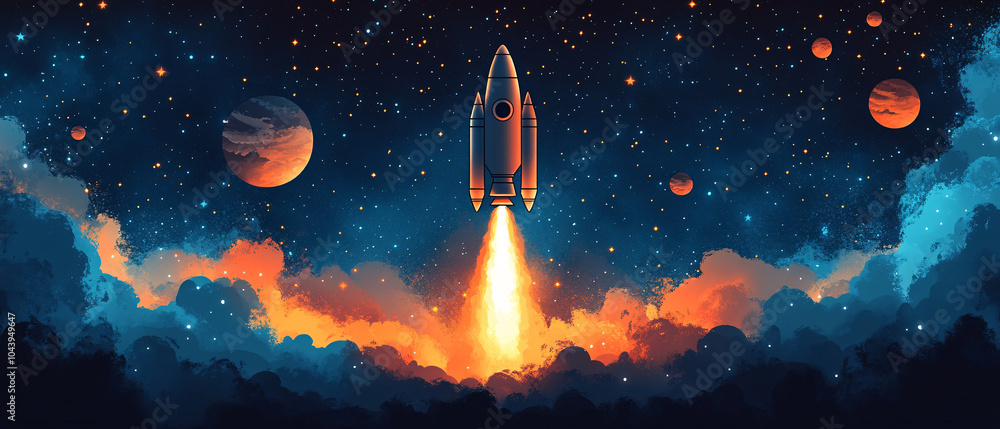 Rocket Launch Through the Stars and Planets in a Digital Art Illustration Rocket Launch Through the Stars and Planets in a Digital Art Illustration