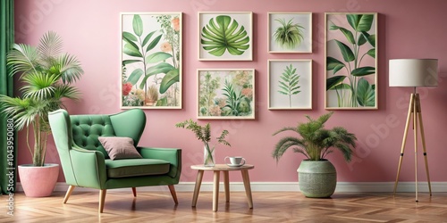 Green Armchair with Pink Wa...