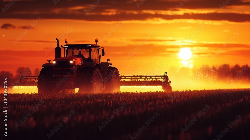 Fototapeta premium irrigation tractor driving spraying or harvesting an agricultural crop at sunset with information infographic data datum as banner design for agriculture industry and food supply production concepts