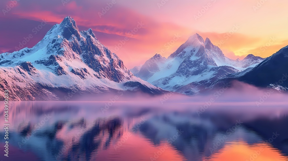 Obraz premium Majestic mountain landscape at sunrise with snow-capped peaks, a crystal-clear lake reflecting the colors of the sky, and mist in the air