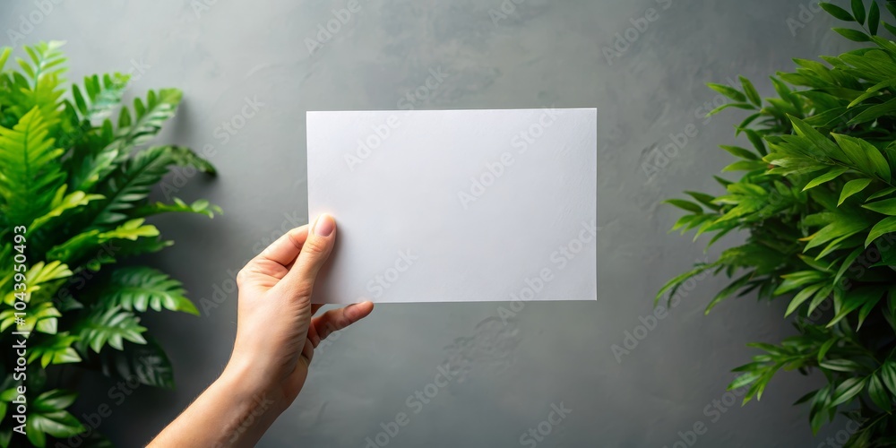 Hand Holding Blank White Card With Green Plants, Mockup ,design Hand Holding Blank White Card With Green Plants, Mockup ,design