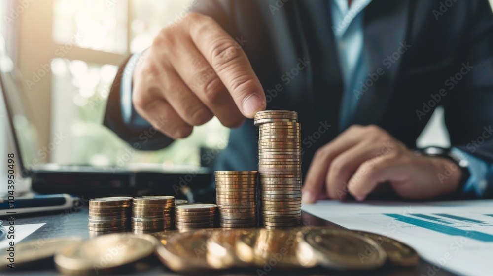 Financial Growth and Investment Strategy: A Close-Up View of Coins Stacked for Success Financial Growth and Investment Strategy: A Close-Up View of Coins Stacked for Success