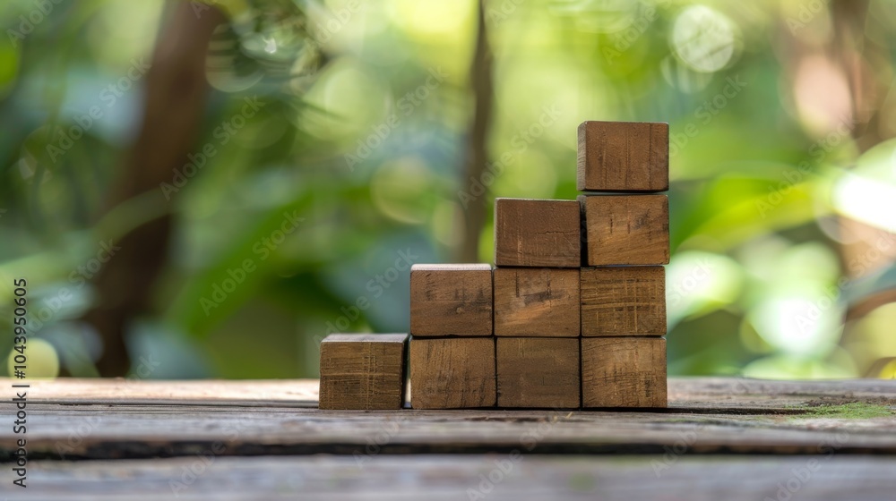 Wooden Blocks Stacked In A Staircase Pattern Against A Green Background Wooden Blocks Stacked In A Staircase Pattern Against A Green Background
