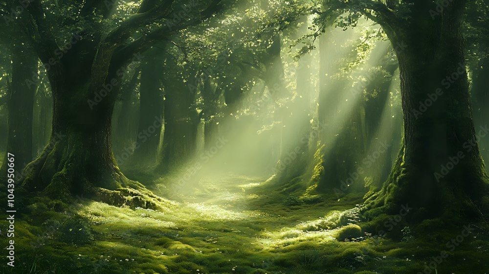 Moss-covered forest floor with tall trees, beams of sunlight filtering through the canopy, and a tranquil, ancient atmosphere Moss-covered forest floor with tall trees, beams of sunlight filtering through the canopy, and a tranquil, ancient atmosphere