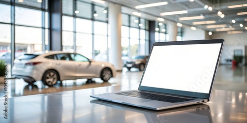 Laptop on Table with Blurred Showroom Background, Car Dealership, Mockup ,laptop, dealership