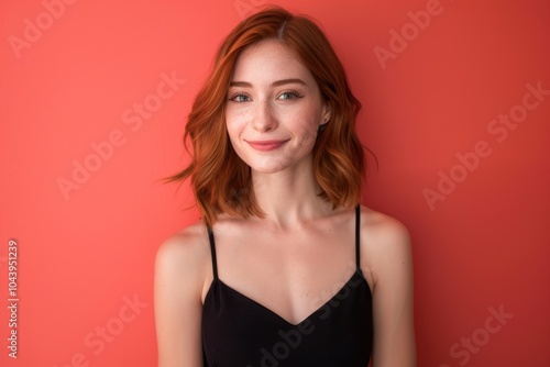 Wallpaper Mural Elegant Woman in Black Dress with Auburn Hair Against Vivid Coral Background for Fashion Editorial Torontodigital.ca