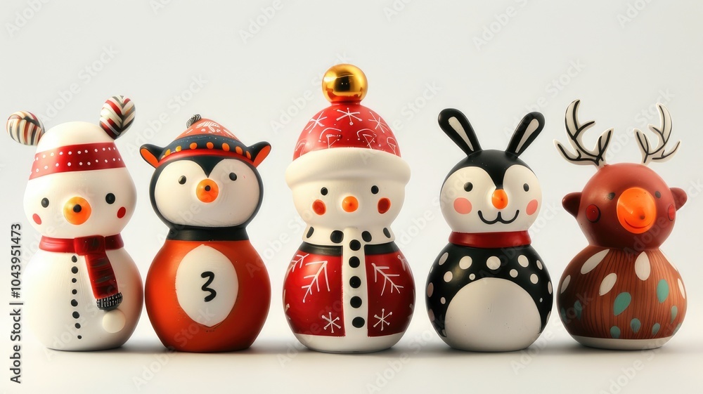 a set of funny ceramic Christmas figures isolated on a white background. porcelain toys a set of funny ceramic Christmas figures isolated on a white background. porcelain toys