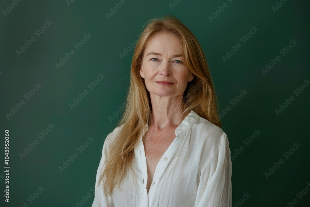 Fototapeta premium Professional Woman with Long Blonde Hair in White Blouse Against Green Background for Corporate Use