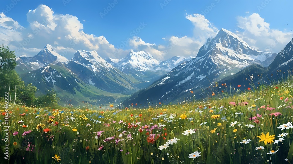 Fototapeta premium Serene alpine meadow with wildflowers blooming, a gentle breeze rustling the grass, and snow-capped mountains towering in the distance