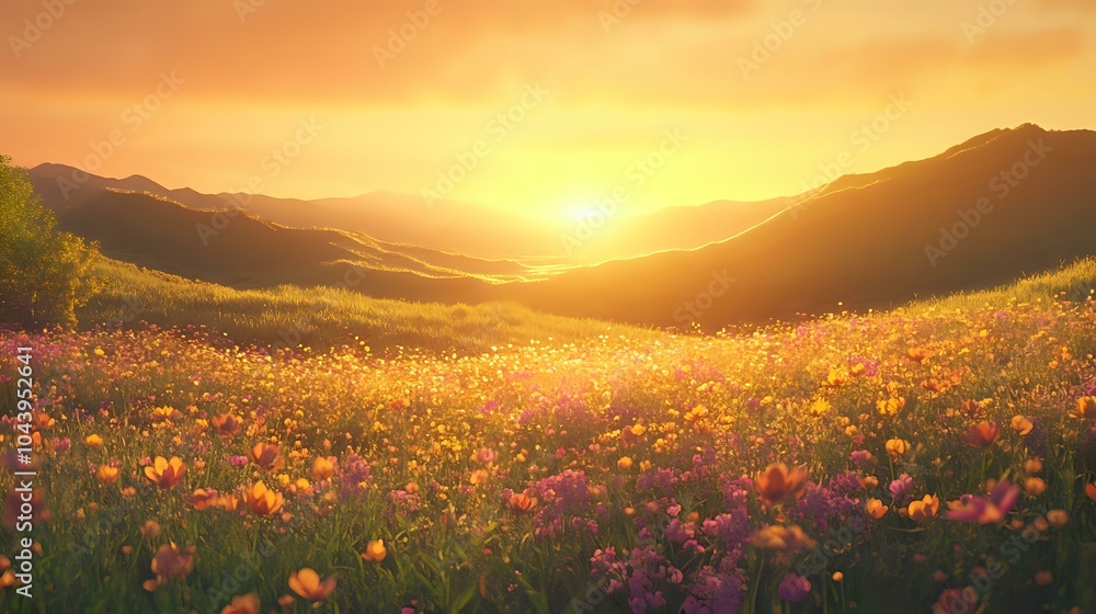 Obraz premium Serene meadow at sunset with wildflowers in full bloom, rolling hills in the background, and a soft golden glow illuminating the scene