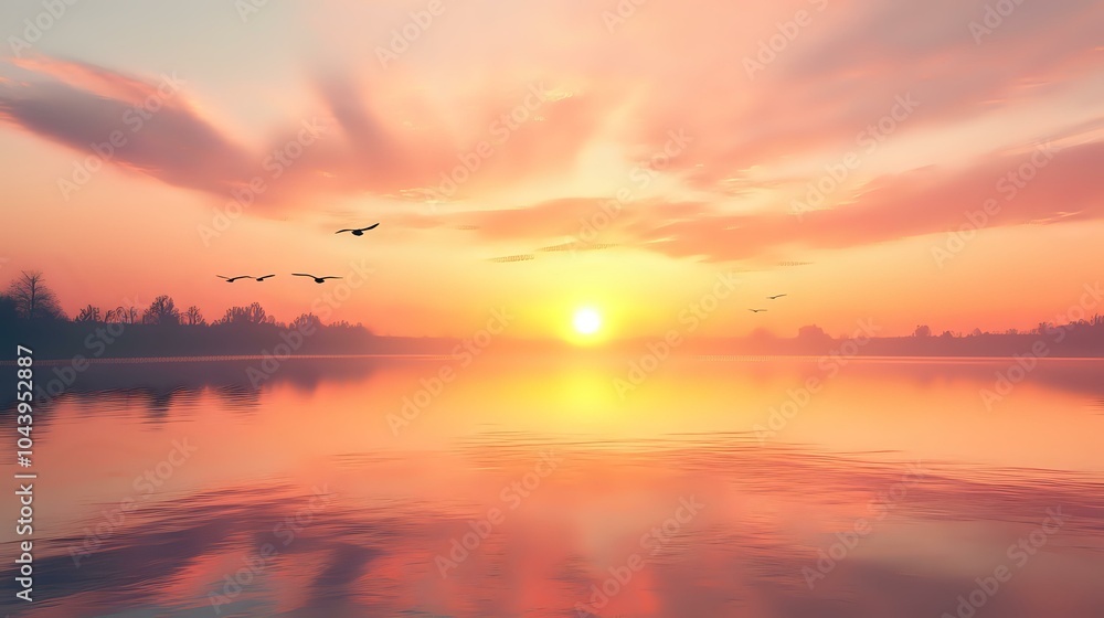 Serene river delta at sunset with soft orange and pink hues, calm waters reflecting the sky, and birds flying overhead Serene river delta at sunset with soft orange and pink hues, calm waters reflecting the sky, and birds flying overhead