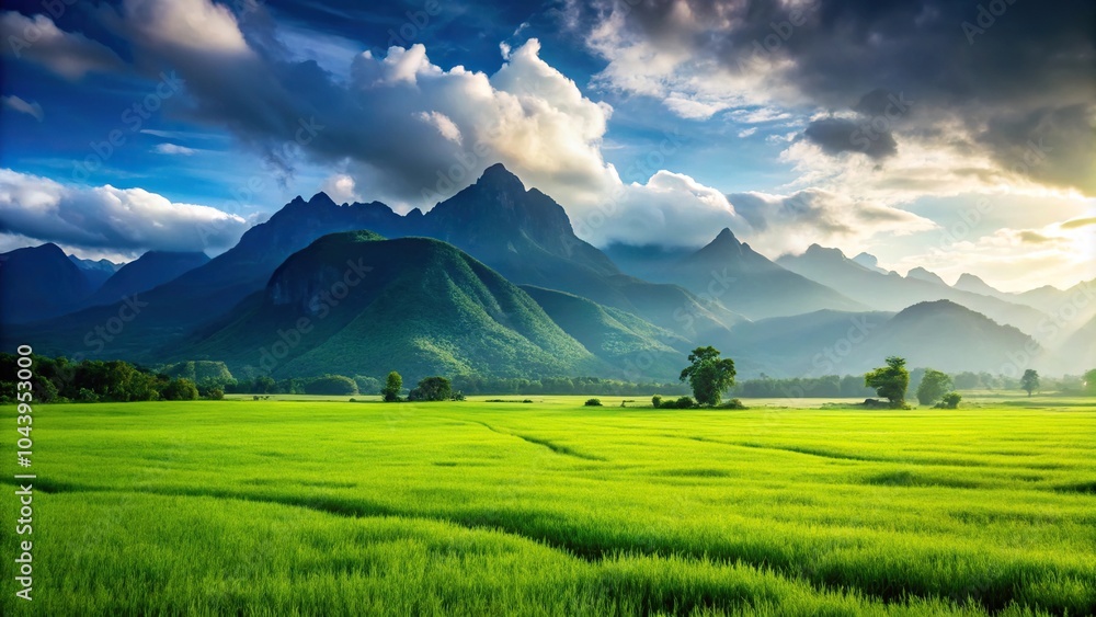 Obraz premium Close-up view of a landscape with green field and mountains