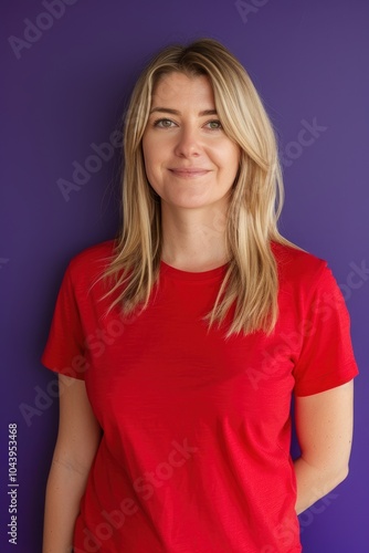 Confident Woman in Red T-Shirt Against Deep Purple Background for Portrait Design