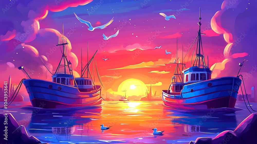 Obraz premium Two Fishing Boats at Sunset with Seagulls.