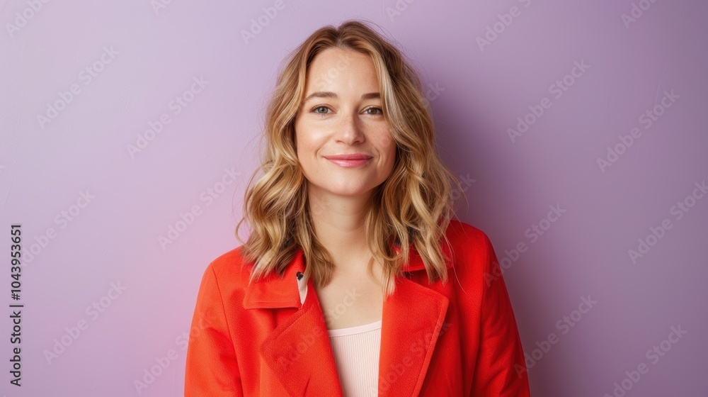 Fototapeta premium Confident Woman in Red Jacket Against Lavender Background for Modern Fashion Advertising