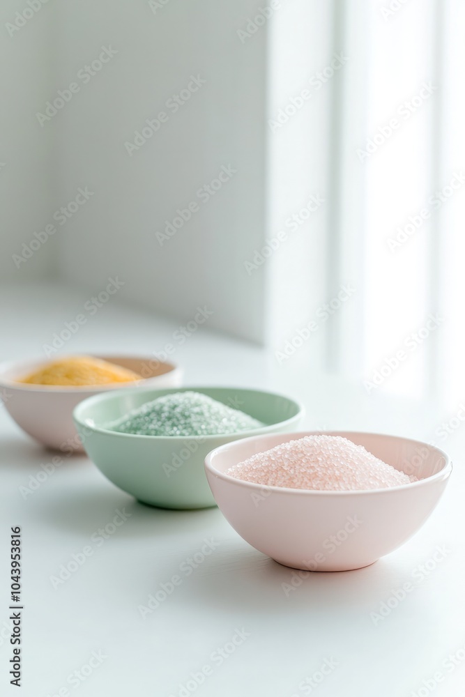 Light Kitchen Scene with Small Bowls of Colorful Spices Arranged in a Row Light Kitchen Scene with Small Bowls of Colorful Spices Arranged in a Row