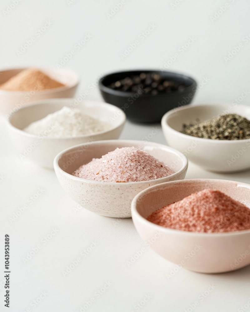 Light Kitchen Scene with Small Bowls of Colorful Spices Arranged in a Row Light Kitchen Scene with Small Bowls of Colorful Spices Arranged in a Row