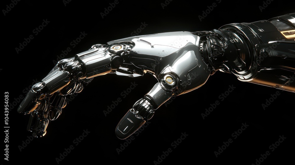 A close-up of a robotic hand with chrome and black metallic parts. The hand is open with fingers slightly curled as if reaching for something. A close-up of a robotic hand with chrome and black metallic parts. The hand is open with fingers slightly curled as if reaching for something.