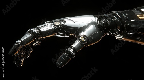 A close-up of a robotic hand with chrome and black metallic parts. The hand is open with fingers slightly curled as if reaching for something.