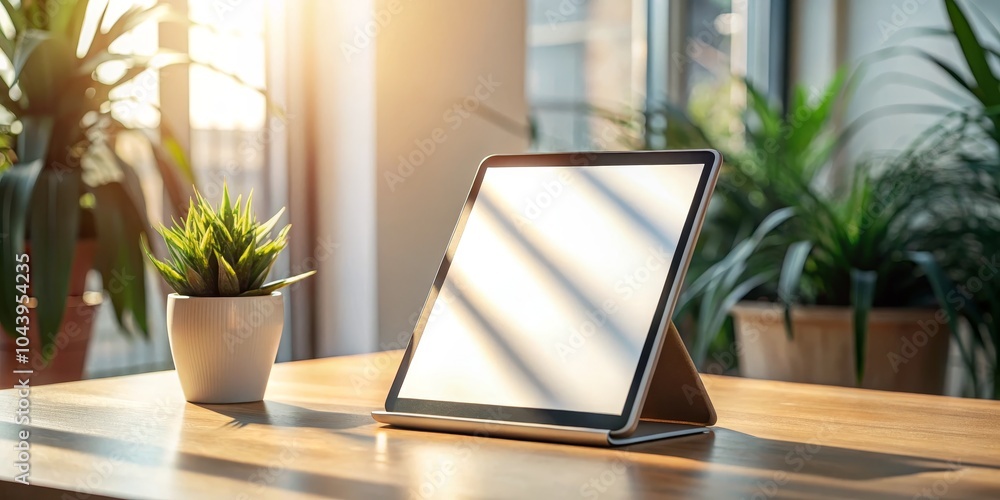 Fototapeta premium Sunlight on Tablet Screen with Plant, Minimalist, Mockup, tablet, mockup, minimal, background