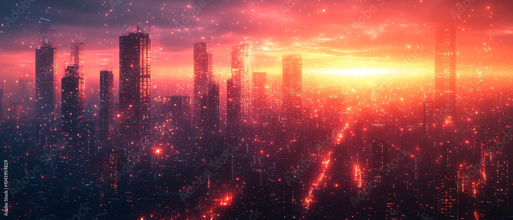 Fototapeta premium Futuristic Cityscape at Sunset with Glowing Lights and Skyscrapers