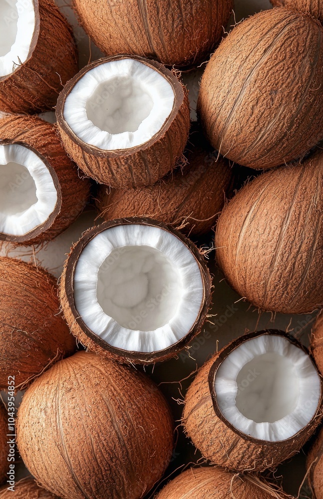 Fresh brown coconuts arranged with one open showing its white flesh and inner texture Fresh brown coconuts arranged with one open showing its white flesh and inner texture