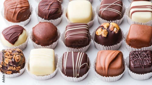 An assortment of elegantly crafted chocolates, featuring various flavors and textures, beautifully arranged in white cupcake liners.