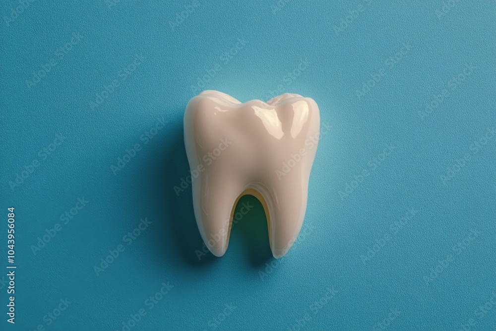 A detailed view of a healthy human tooth on a blue background showcasing dental anatomy clearly
