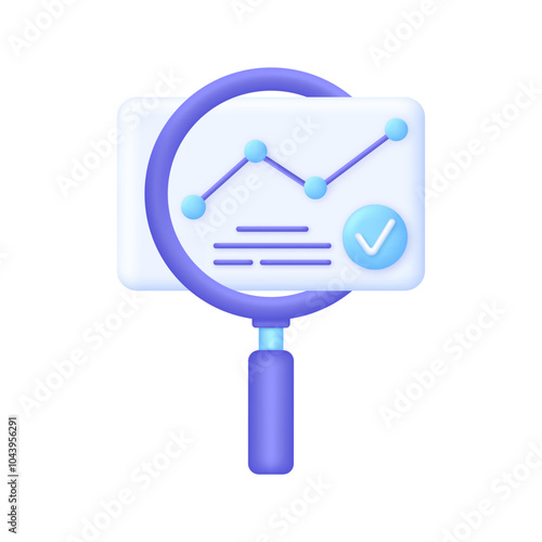 3D Evaluate result illustration. File and magnifying glass. Concept of analyze project. Magnifier evaluation checklist