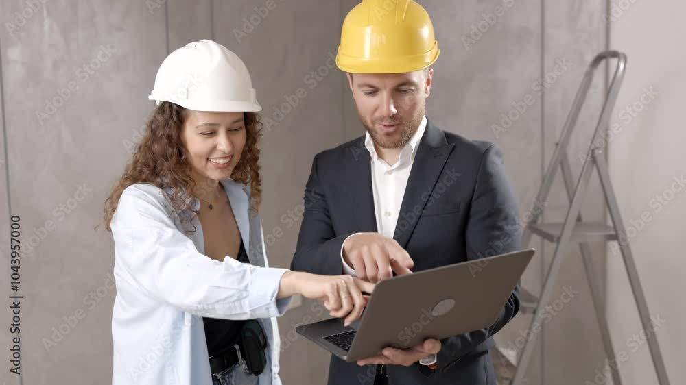 Attractive young woman contractor is talking to customer in helmet, and demonstrates sequence of repairs in living room on laptop. Meeting of landman of apartment with engineer or architect Attractive young woman contractor is talking to customer in helmet, and demonstrates sequence of repairs in living room on laptop. Meeting of landman of apartment with engineer or architect