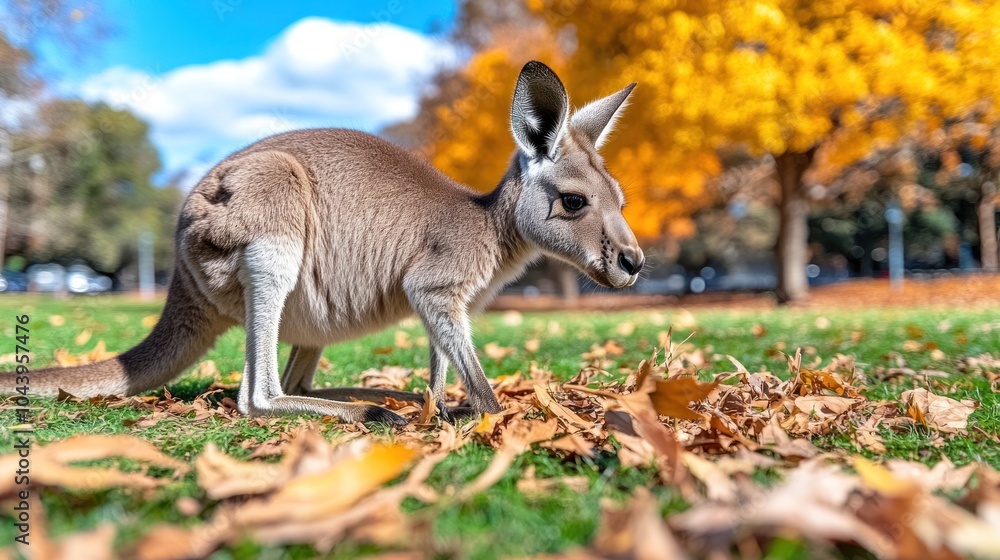 Kangaroo grazing among autumn leaves in a park. Kangaroo grazing among autumn leaves in a park.