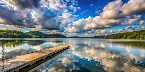 Close-up view of clouds and hills reflecting on water at Brookville Lake fishing dock photo