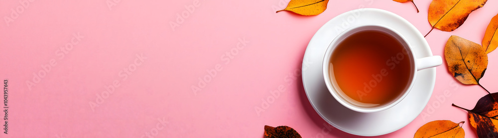 A high-resolution flat lay of a cup of tea with autumn leaves on a pink background, ideal for an autumn coffee concept or fall poster design template.
A high-resolution flat lay of a cup of tea with autumn leaves on a pink background, ideal for an autumn coffee concept or fall poster design template.