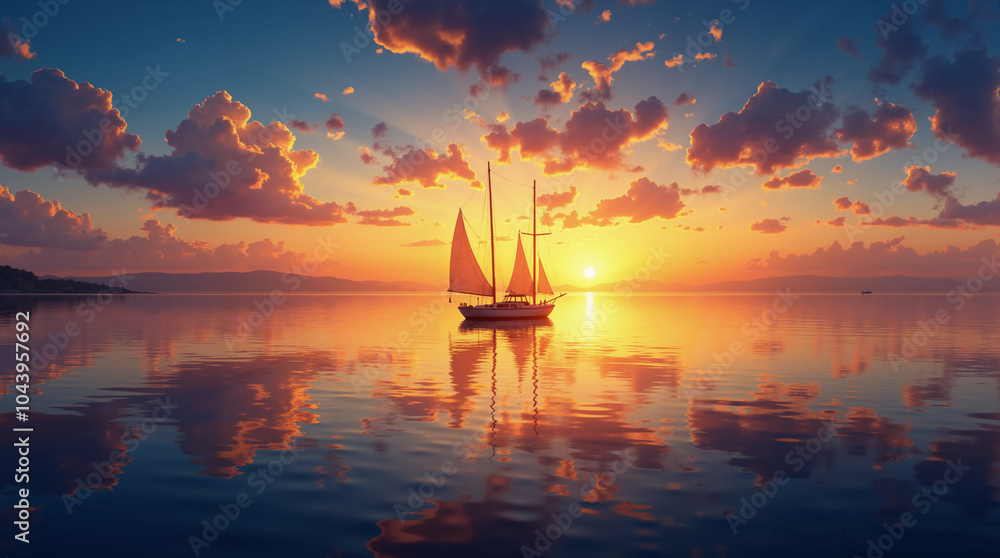 Fototapeta premium Sailor Silhouette Sunset Sail Boat Ocean Romantic Illustration Poster Summer Scene