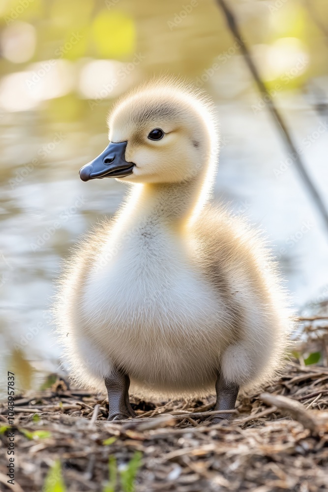 Obraz premium Gosling in Spring: Young White Greylag Goose in the Wild Nature