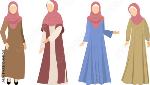 Muslim woman in hijab. Different color dresses on different women. Modern Muslim women in traditional hijabs.