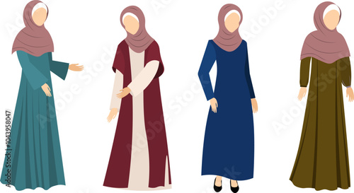 Muslim woman in hijab. Different colored dark dresses on different women. Modern Muslim women in traditional hijabs.