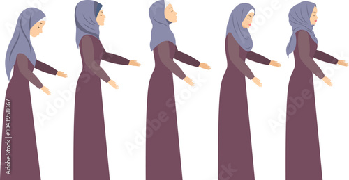Muslim women in hijabs. Different women standing in profile and praying. Modern Muslim women in traditional hijabs.