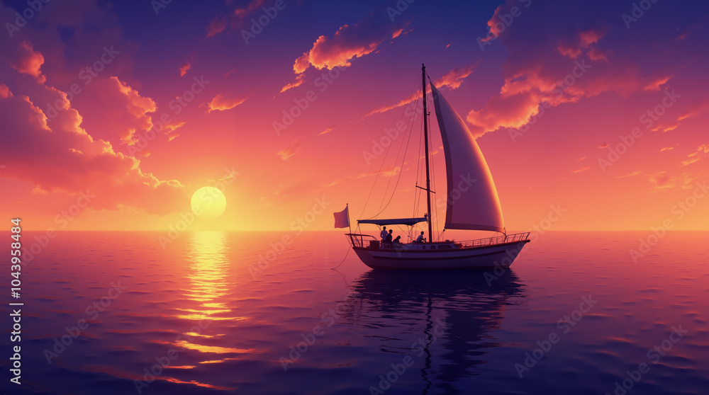 Fototapeta premium Sailor Silhouette Sunset Sail Boat Ocean Romantic Illustration Poster Summer Scene
