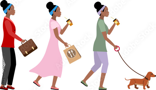 African American women portrait. Girl with a dog, a briefcase and a drink. Modern young fashionable woman with dark skin. Vector people.