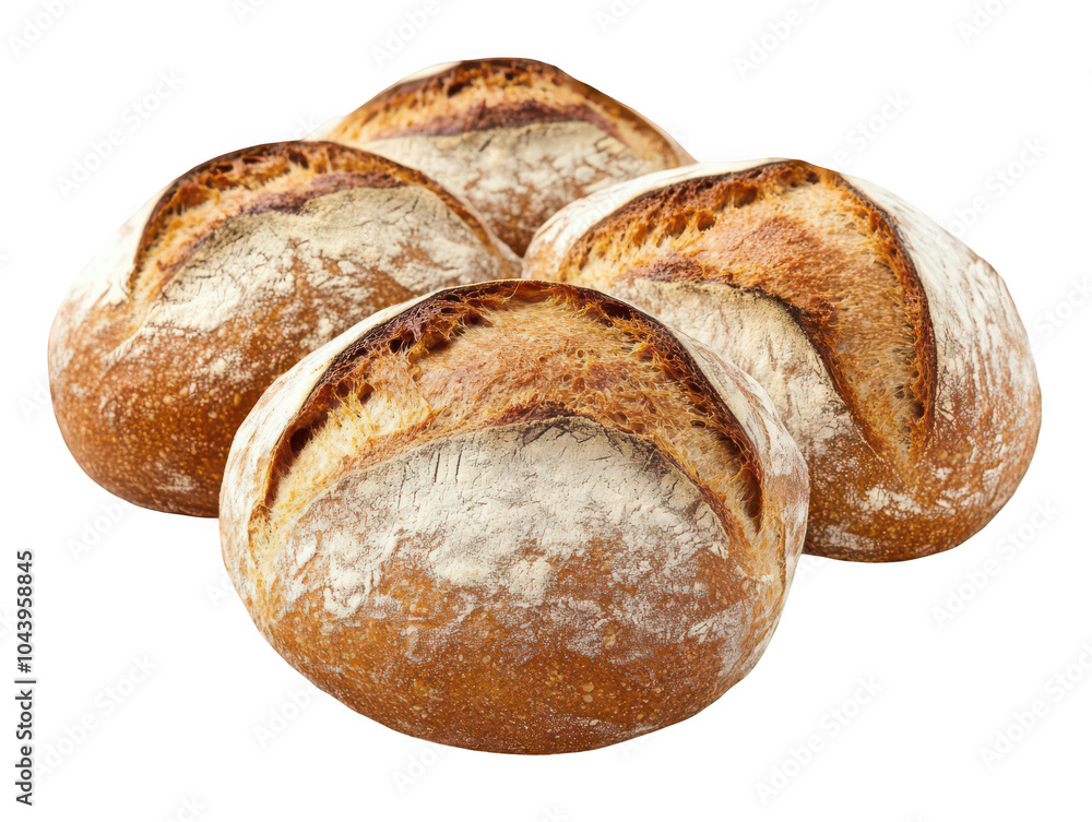 Four freshly baked round bread loaves with crisp golden crusts. Four freshly baked round bread loaves with crisp golden crusts.