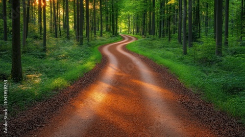 A winding dirt road through a lush green forest with sunlight illuminating the path.